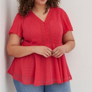 Torrid Womens V-Neck Blouse Lace Inset Short Sleeve Pink Clip Dot Peplum Plus 2X